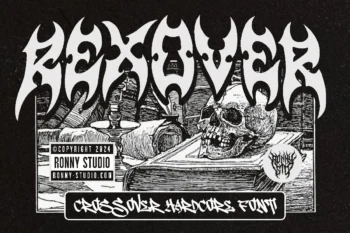 Rexover – crossover hardcore font with brutal strokes and street-inspired typography mockup.