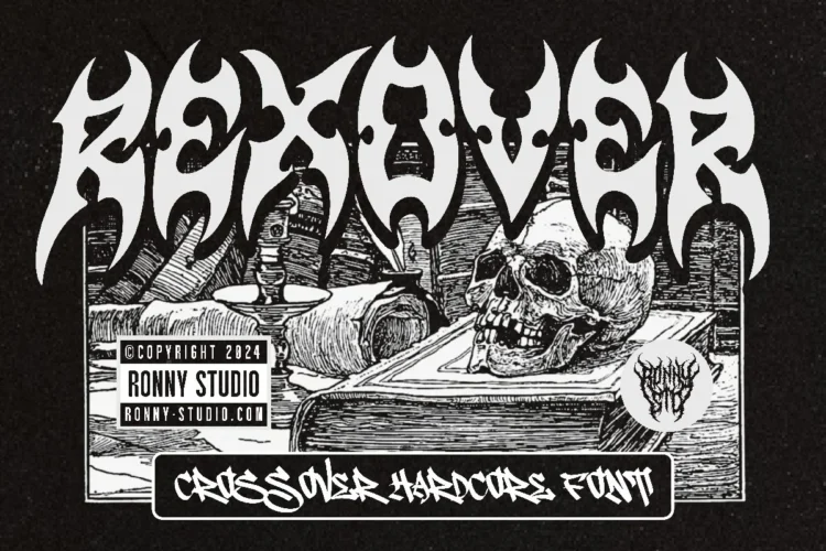 Rexover – crossover hardcore font with brutal strokes and street-inspired typography mockup.