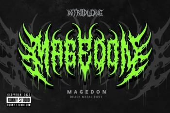 Magedon – extreme death metal font with green claw-like sharp lettering, horror-inspired typography mockup.