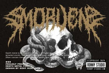 Morven – brutal death metal font with spiky sharp strokes, horror-inspired typography mockup.