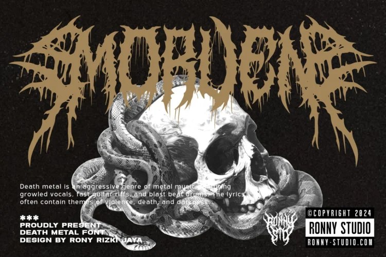 Morven – brutal death metal font with spiky sharp strokes, horror-inspired typography mockup.