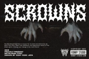 Scrowns – aggressive metalhead font with gothic sharp edges, dark typography mockup.