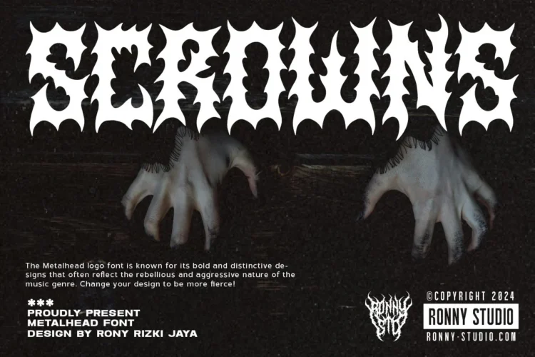 Scrowns – aggressive metalhead font with gothic sharp edges, dark typography mockup.