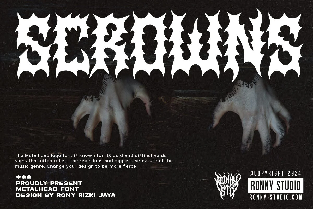 Scrowns – aggressive metalhead font with gothic sharp edges, dark typography mockup.