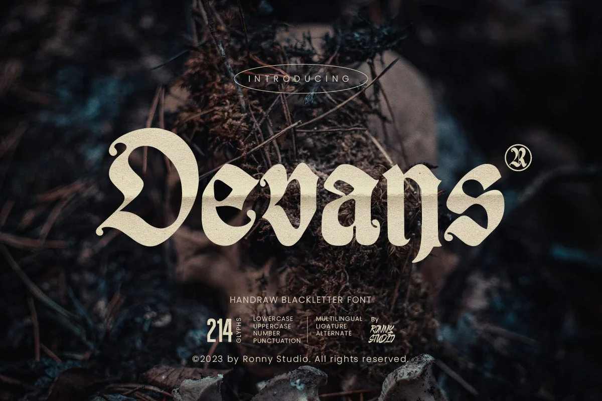 Devans – Vintage blackletter typeface with gothic medieval style for branding, posters, and apparel