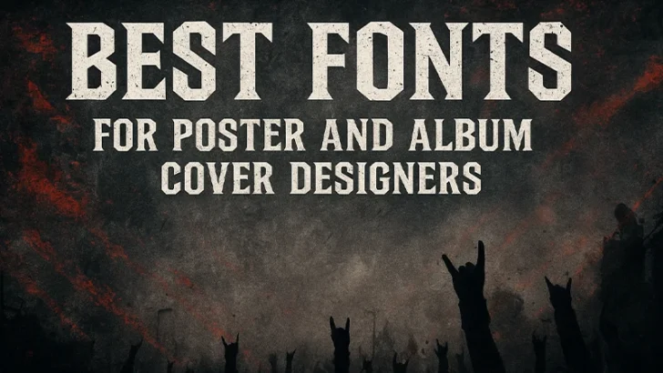 Rock metal underground background with bold distressed typography showing the title Best Fonts for Poster and Album Cover Designers