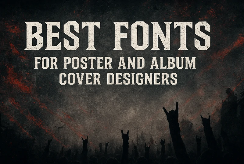 Rock metal underground background with bold distressed typography showing the title Best Fonts for Poster and Album Cover Designers