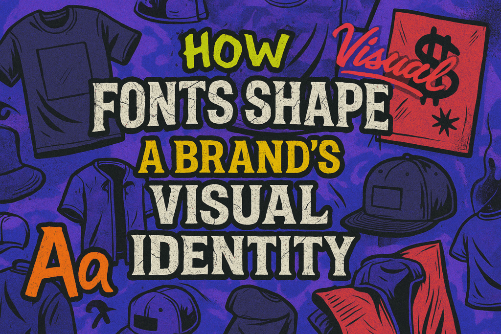 Graffiti-style blog cover showing apparel illustrations such as T-shirts, hoodies, and caps, with bold textured fonts and vibrant colors for the article 'How Fonts Shape a Brand’s Visual Identity.