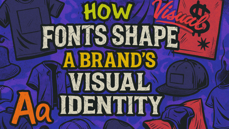 Graffiti-style blog cover showing apparel illustrations such as T-shirts, hoodies, and caps, with bold textured fonts and vibrant colors for the article 'How Fonts Shape a Brand’s Visual Identity.