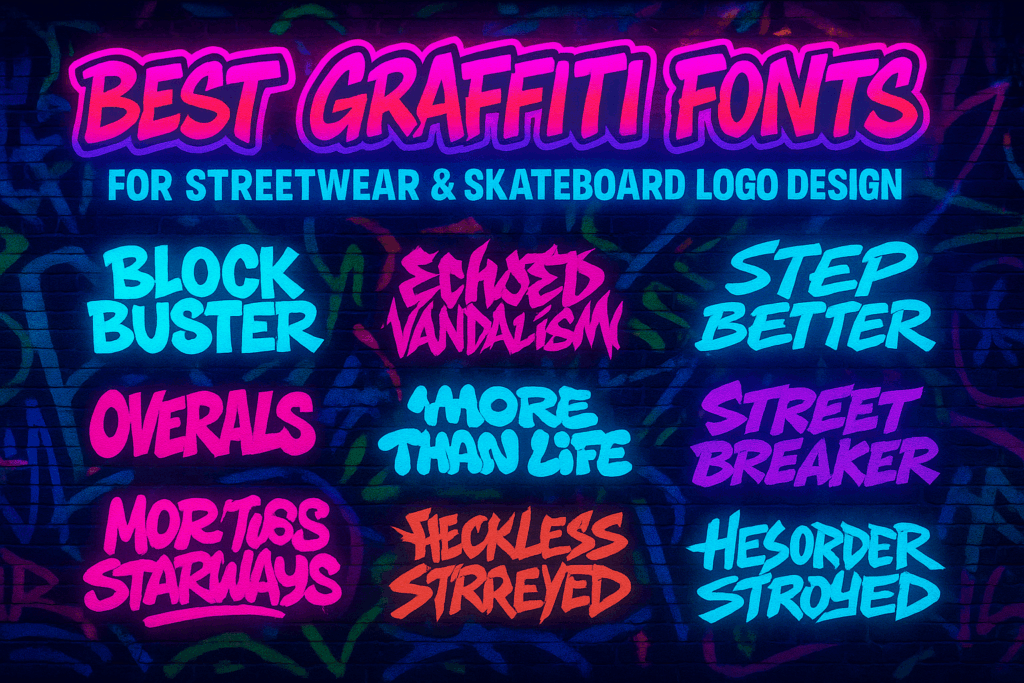 Neon graffiti typography thumbnail showcasing the top 10 graffiti fonts from Ronny Studio for streetwear and skateboard logo design.