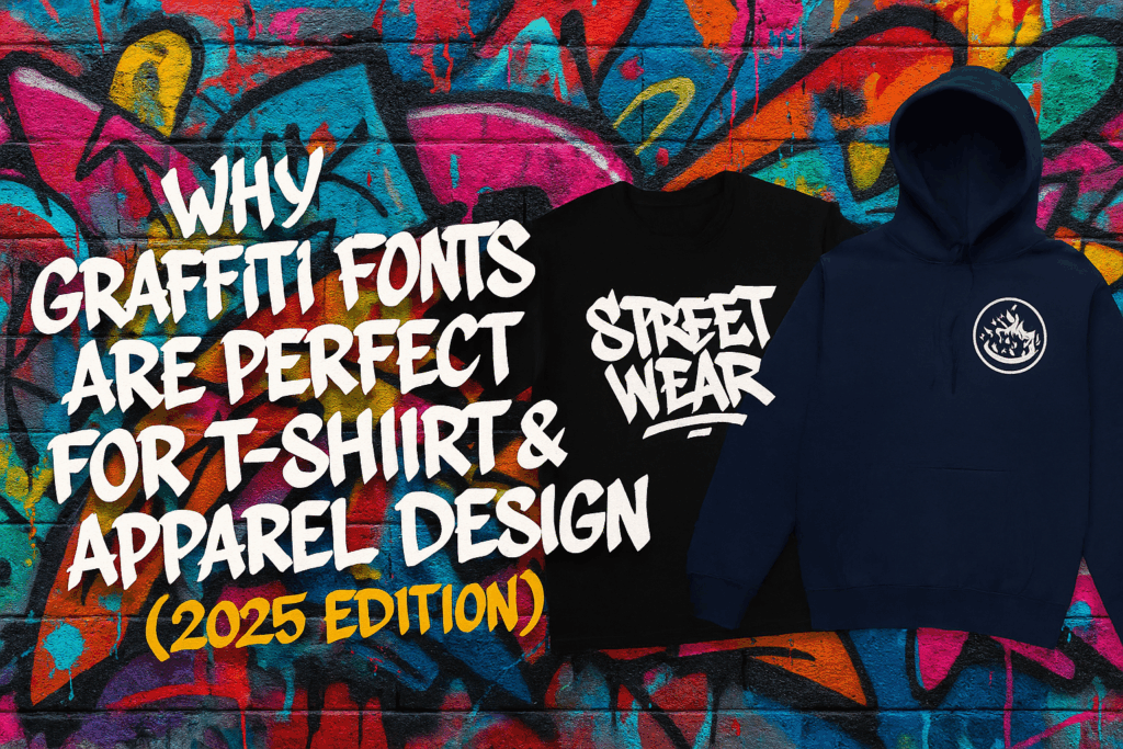 Graffiti fonts cover image for blog about T-shirt and apparel design, featuring streetwear mockup and colorful graffiti wall background.