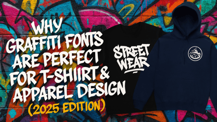 Graffiti fonts cover image for blog about T-shirt and apparel design, featuring streetwear mockup and colorful graffiti wall background.