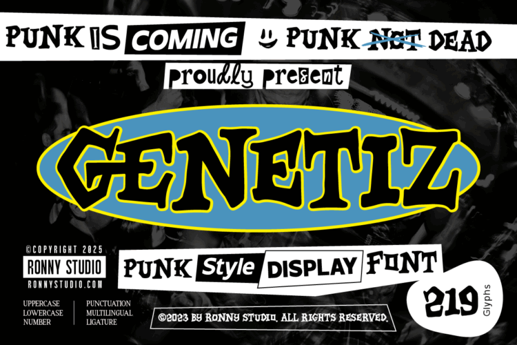 Genetiz punk style display font preview with grunge textures, distorted lettering, and underground street-punk design elements.