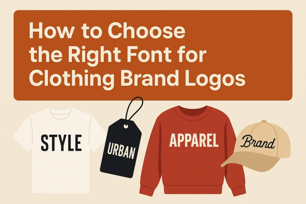 Illustration of clothing brand logo font styles showing T-shirt, tag, sweatshirt, and cap to represent how to choose the right font for clothing brand logos.