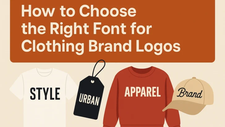 Illustration of clothing brand logo font styles showing T-shirt, tag, sweatshirt, and cap to represent how to choose the right font for clothing brand logos.