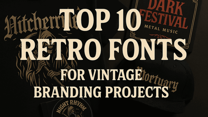 Retro-themed blog cover showcasing metalhead-style apparel, posters, caps, and a CD mockup designed with vintage fonts for branding projects.
