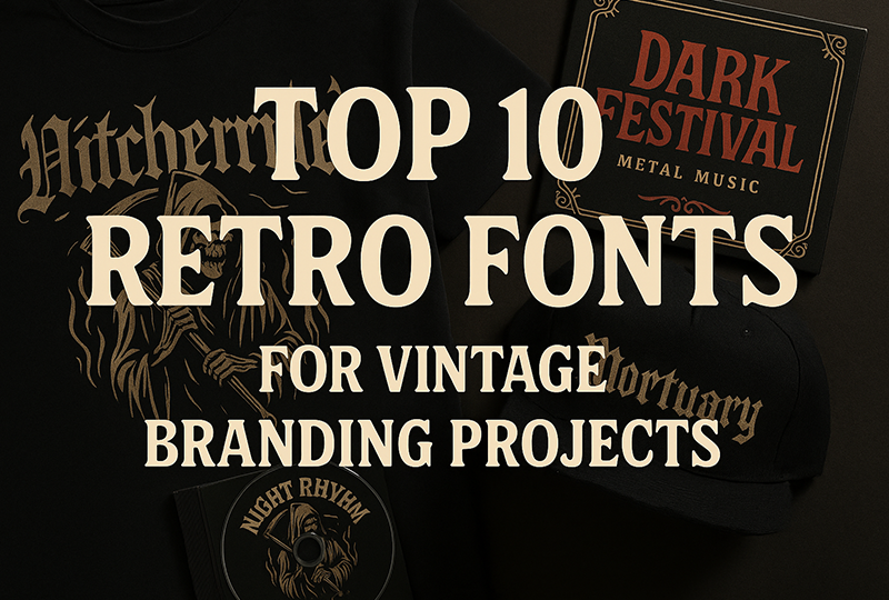 Retro-themed blog cover showcasing metalhead-style apparel, posters, caps, and a CD mockup designed with vintage fonts for branding projects.