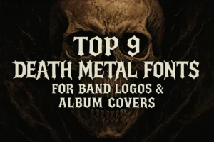 Death metal skull artwork background with bold gothic title text ‘Top 9 Death Metal Fonts for Band Logos & Album Covers’ – blog cover image for Ronny Studio font recommendations.