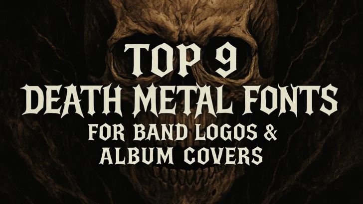Death metal skull artwork background with bold gothic title text ‘Top 9 Death Metal Fonts for Band Logos & Album Covers’ – blog cover image for Ronny Studio font recommendations.