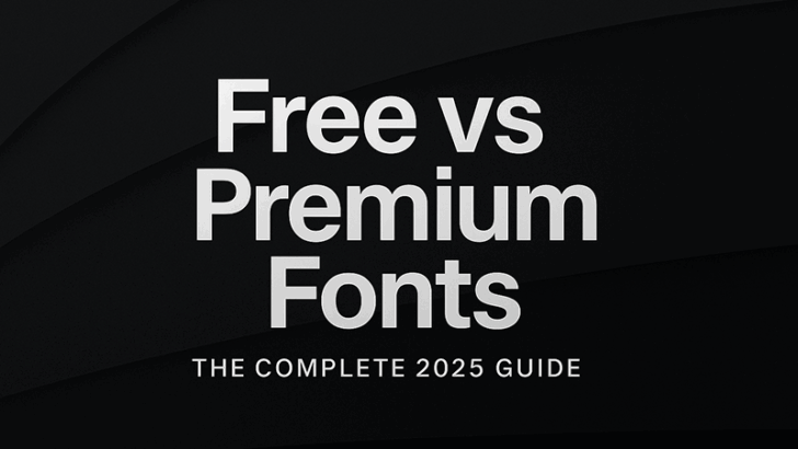Dark-mode corporate blog cover showing the title “Free vs Premium Fonts – The Complete 2025 Guide” on a modern black layered background.