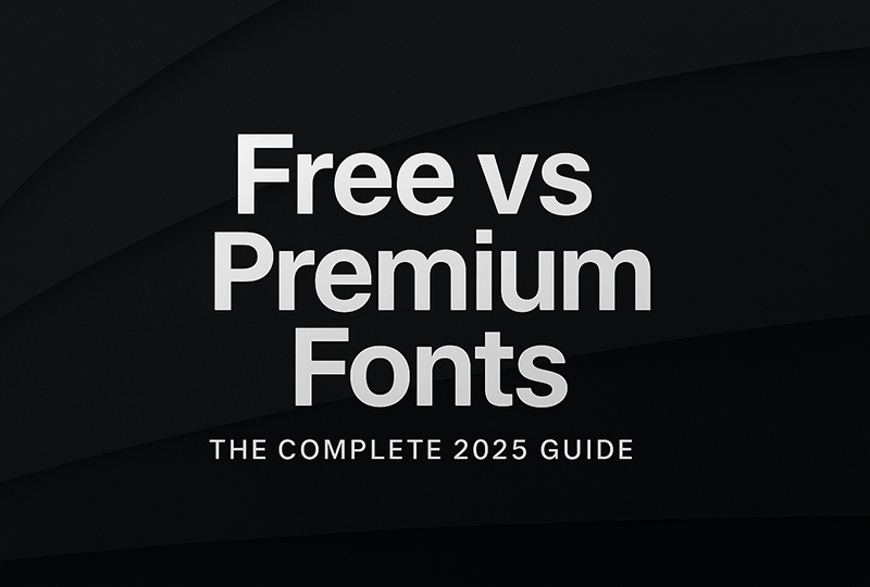 Dark-mode corporate blog cover showing the title “Free vs Premium Fonts – The Complete 2025 Guide” on a modern black layered background.